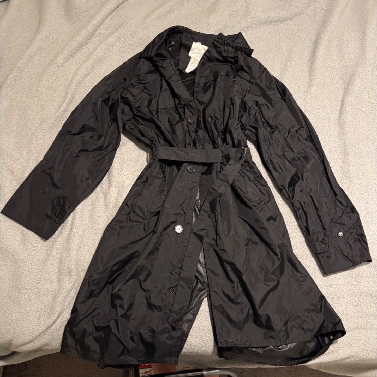 Vintage 80s Exclusive Lightweight Trench Coat Overcoat Womens Black Nylon Made Italy Size L
