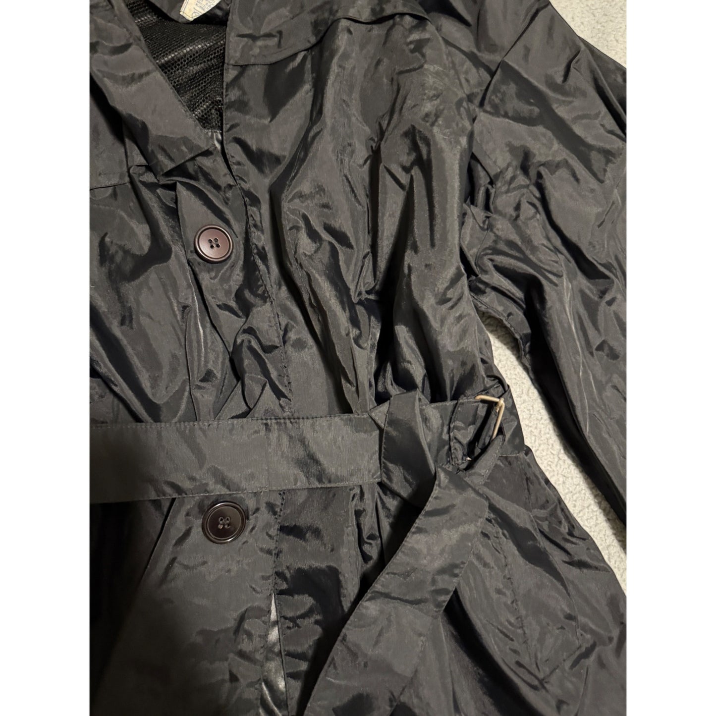Vintage 80s Exclusive Lightweight Trench Coat Overcoat Womens Black Nylon Made Italy Size L