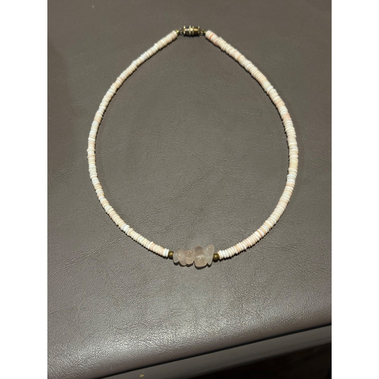 Vintage Puka Shell Necklace White Stone Center Bead Choker Surfer Beach