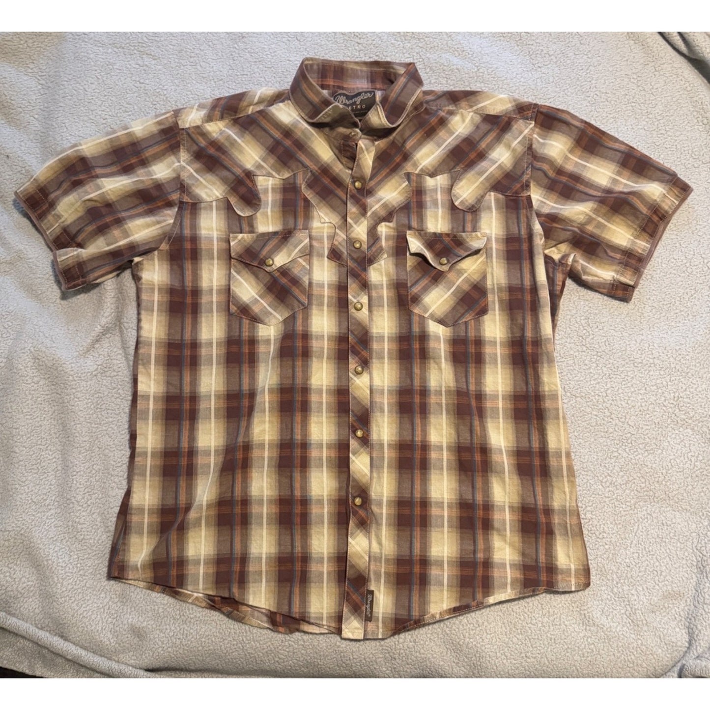 Wrangler Retro Brown Blue Plaid Print Pearl Snap Short Sleeve Shirt Size XL