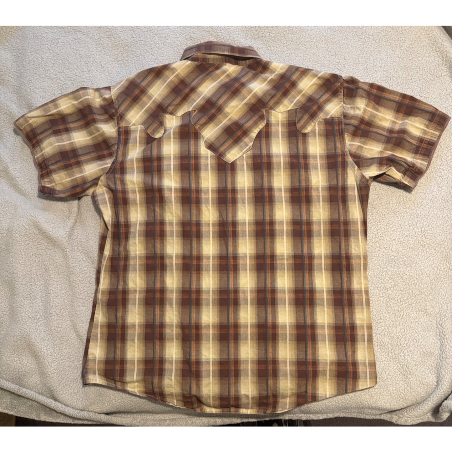 Wrangler Retro Brown Blue Plaid Print Pearl Snap Short Sleeve Shirt Size XL