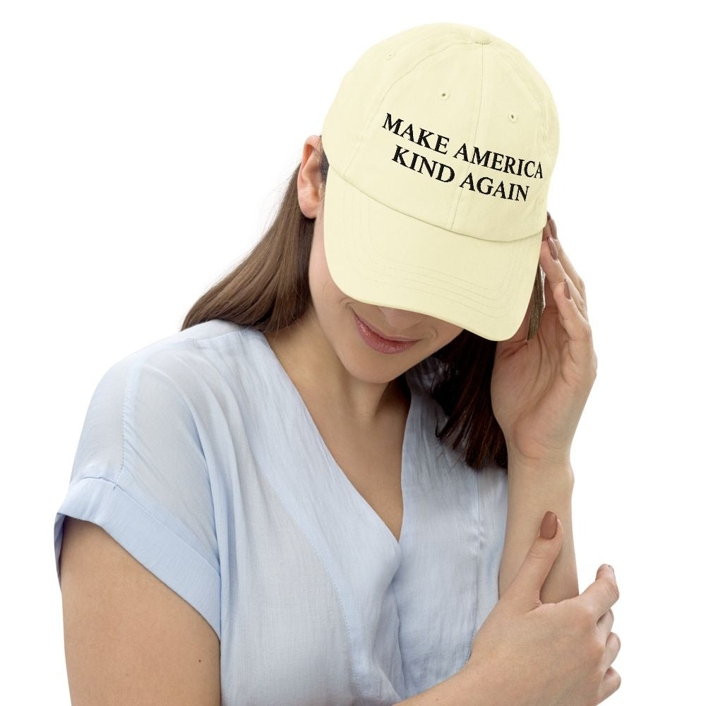 Y2K Pastel Yellow Baseball Cap – Make America Kind Again (Unisex Adjustable)