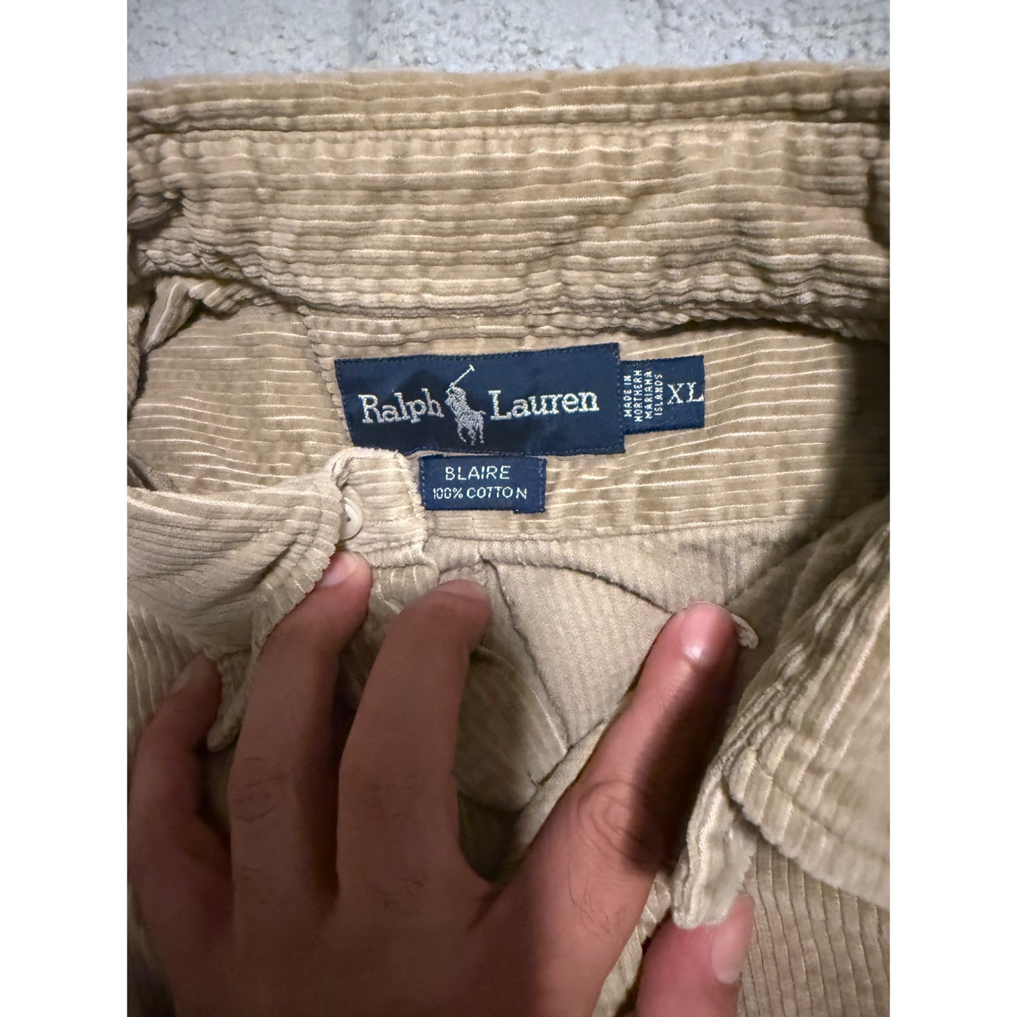 Vintage 90s Ralph Lauren Mens Blaire Beige Long Sleeve Button Down Coduroy Size XL