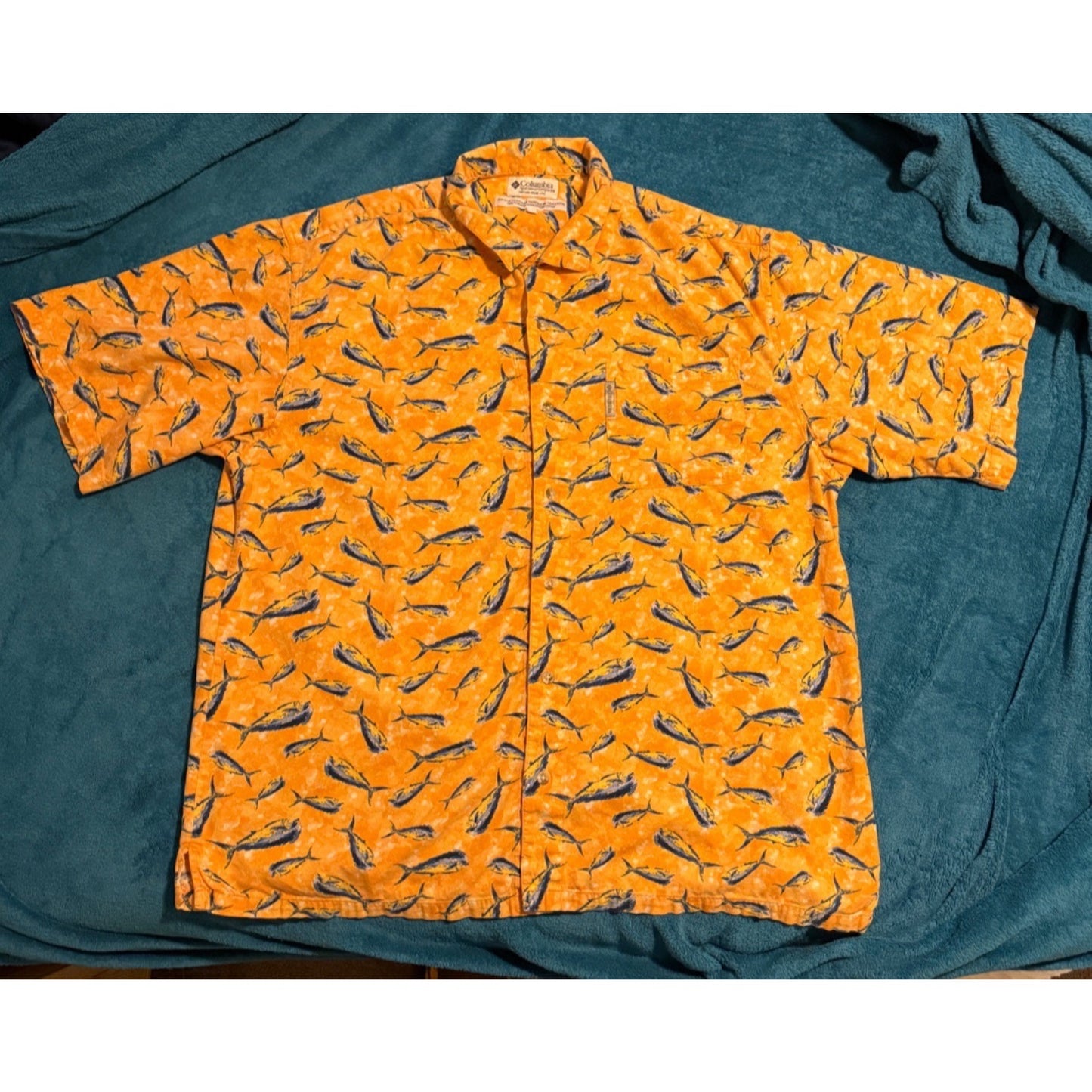Columbia Men’s Tropical Beach Fish Yellow Short Sleeve Button Up Shirt – Size XL
