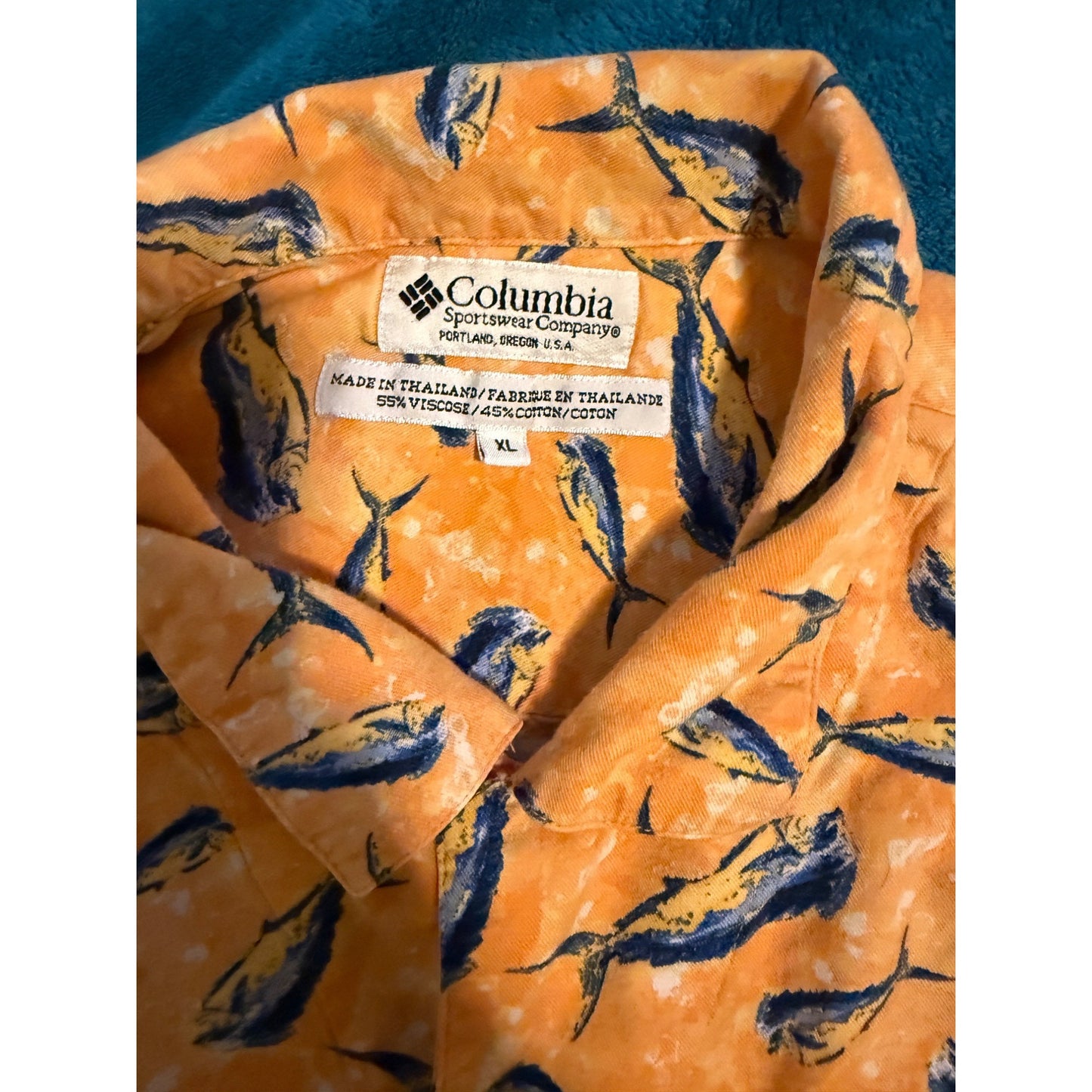 Columbia Men’s Tropical Beach Fish Yellow Short Sleeve Button Up Shirt – Size XL