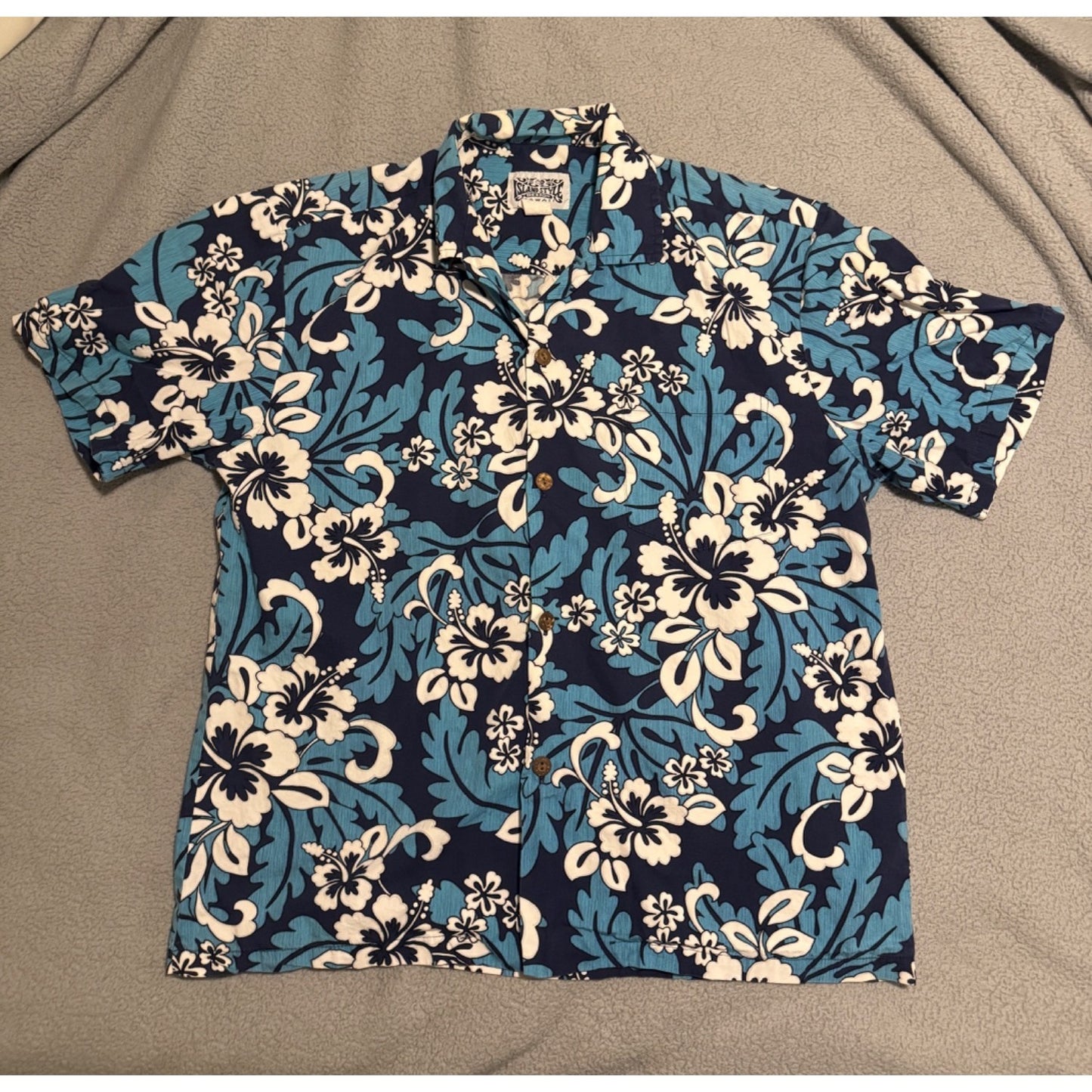 Island Style Design Mens Blue Short Sleeve Hawaiian Button Down Size L