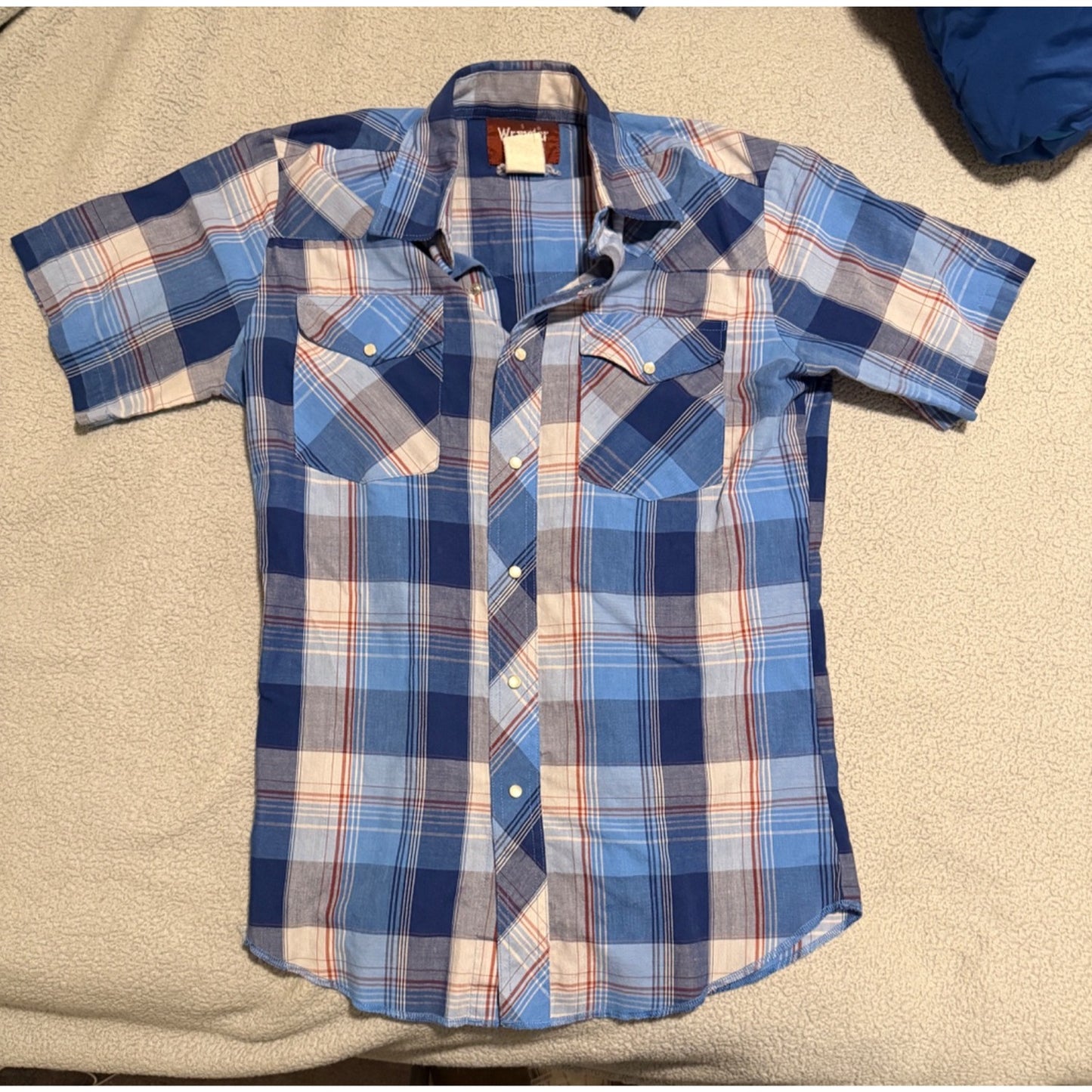Wrangler Western Blue Pearl Snap Plaid Button Up Western Cowboy Shirt Size S