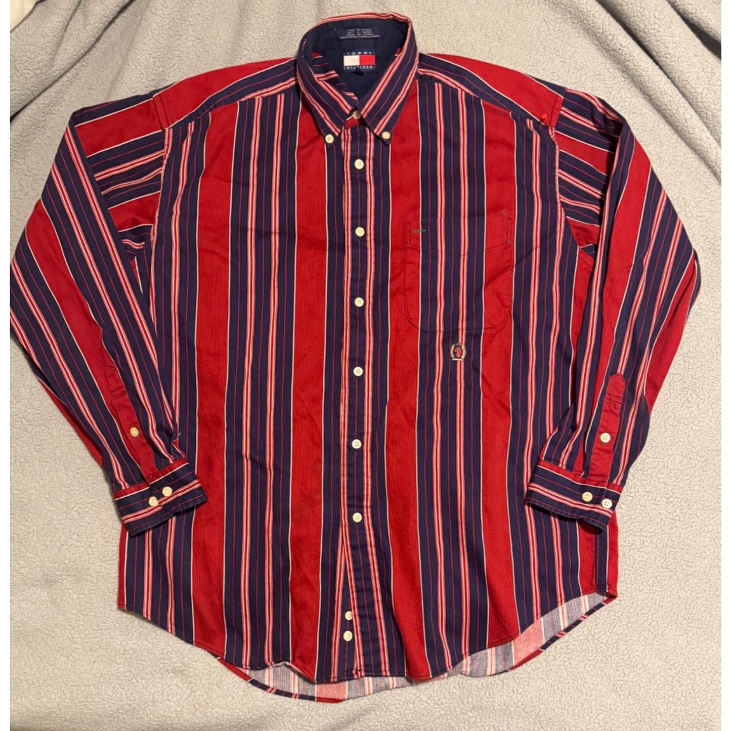 Vintage 90s Tommy Hilfiger Mens Striped Red Blue Long Sleeve Button Down Shirt L