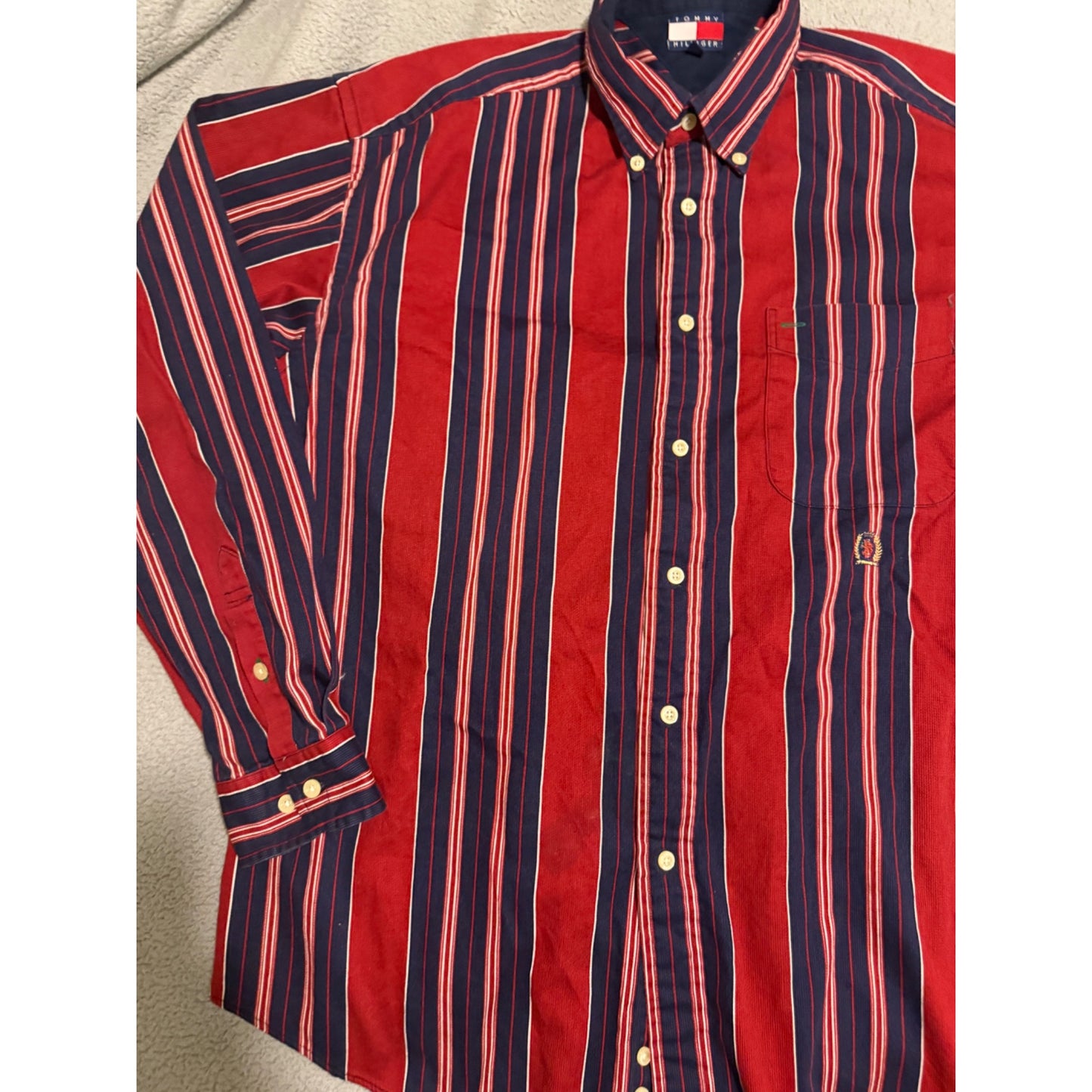 Vintage 90s Tommy Hilfiger Mens Striped Red Blue Long Sleeve Button Down Shirt L