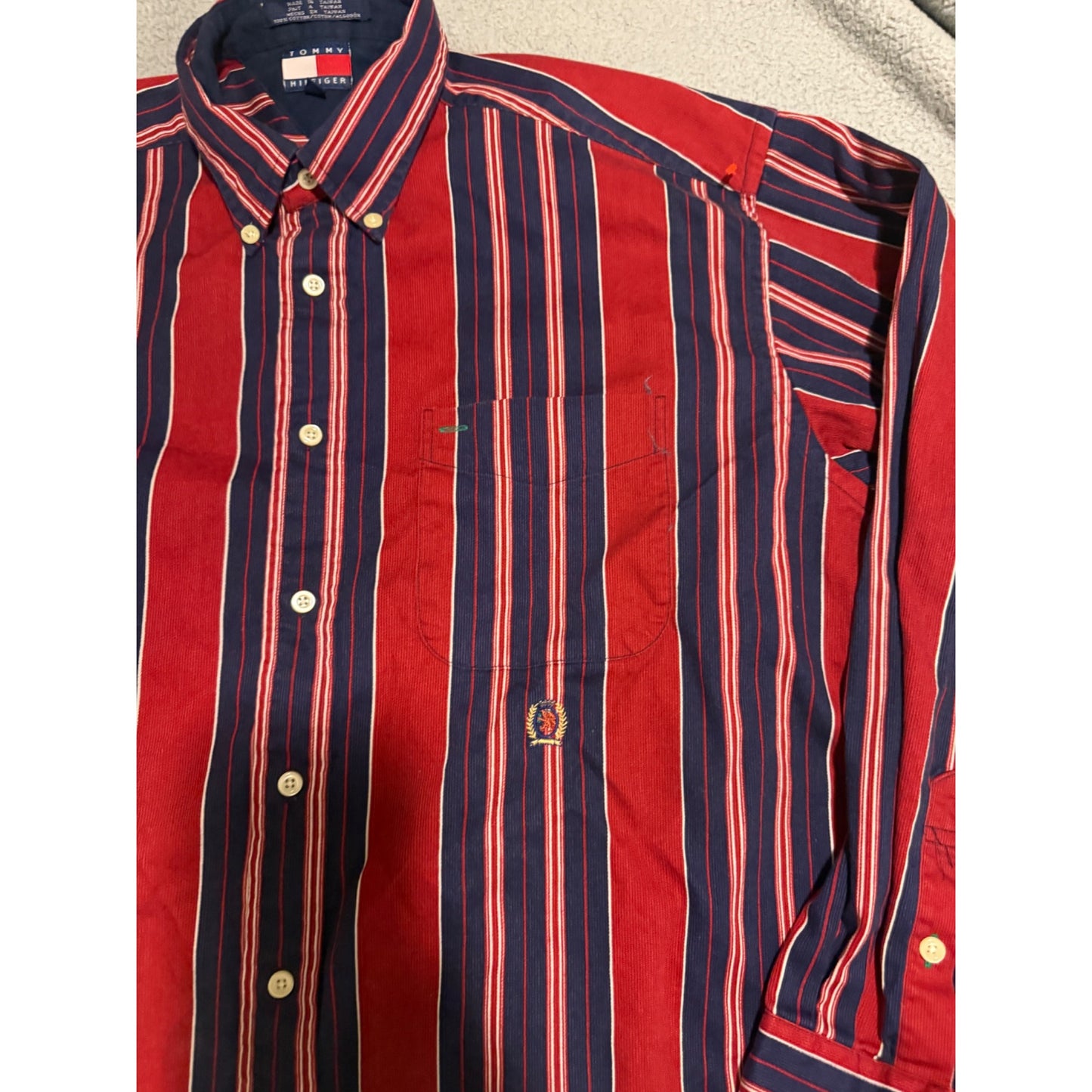 Vintage 90s Tommy Hilfiger Mens Striped Red Blue Long Sleeve Button Down Shirt L