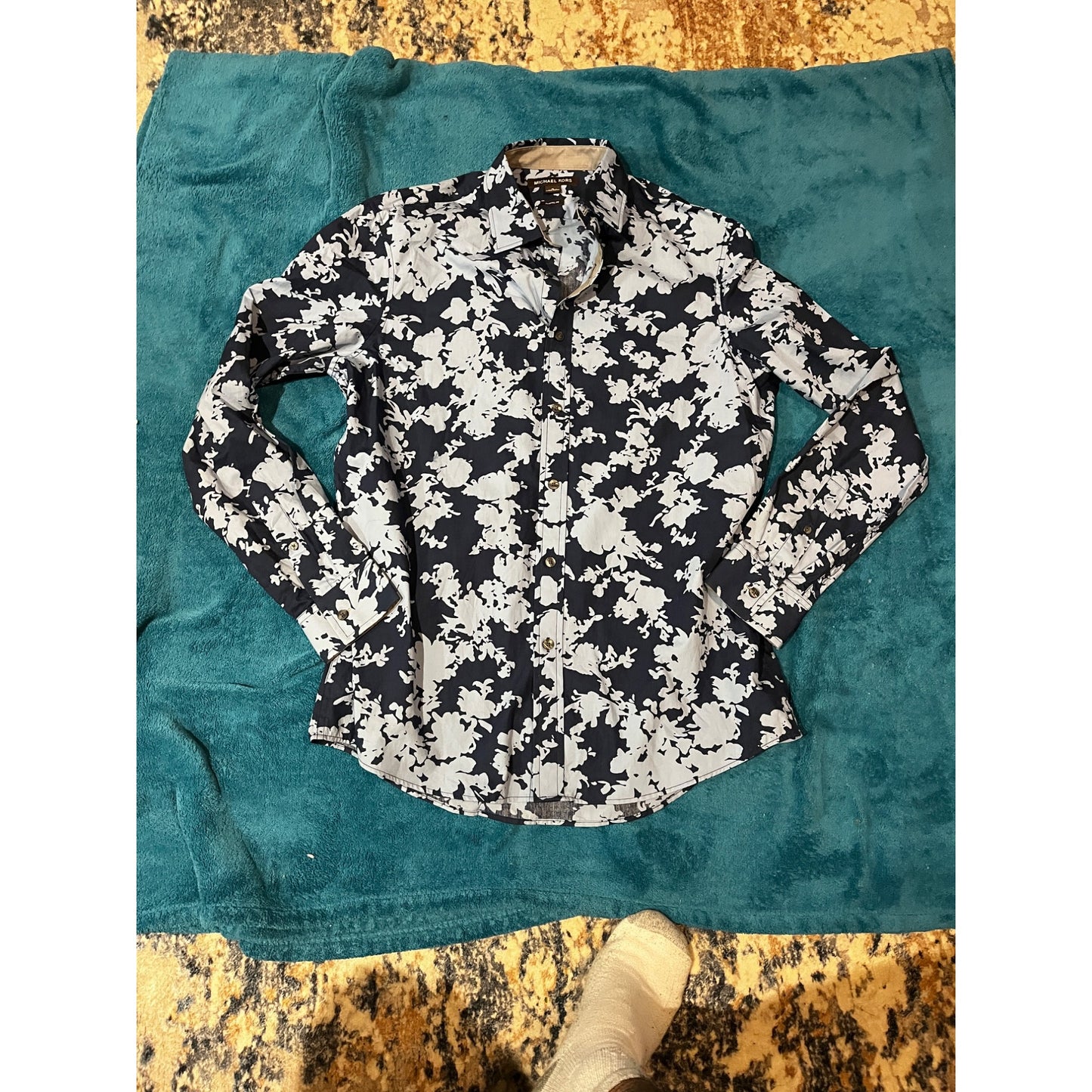 Michael Kors Classic Fit Floral Print Dress Button Up Shirt Blue Men's Size M