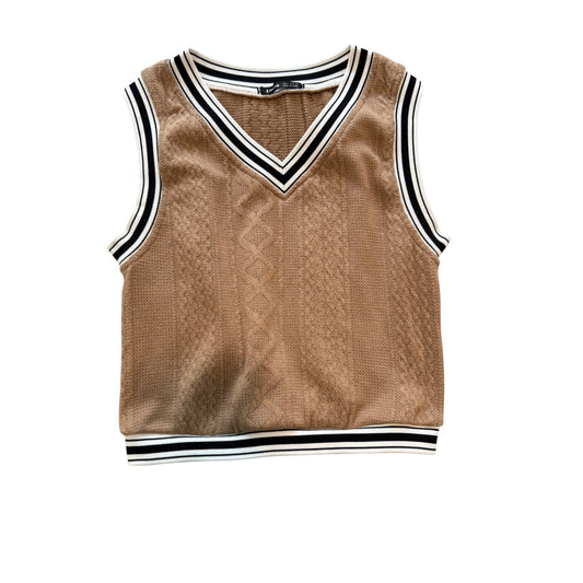 SHEIN cropped sweater vest with varsity-style stripes in brown, white, and black. Sleeveless knit design, perfect for layering with casual or preppy outfits.