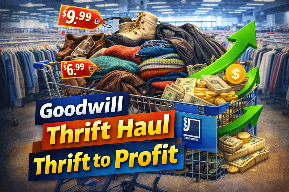 Goodwill thrift haul thumbnail showing a packed shopping cart filled with jackets, sweaters, and shoes, highlighting thrift to profit reselling.