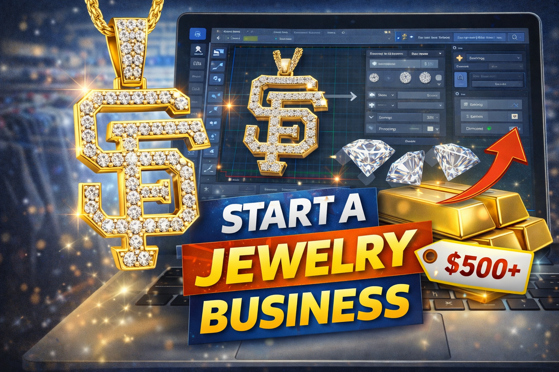 Jewelry business thumbnail showing a custom gold diamond pendant in front of a laptop with 3D jewelry design software, highlighting how to start a jewelry business on a budget.