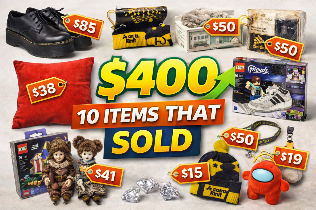 Reselling thumbnail showing thrifted items and sold prices highlighting $400 profit from secondhand finds.