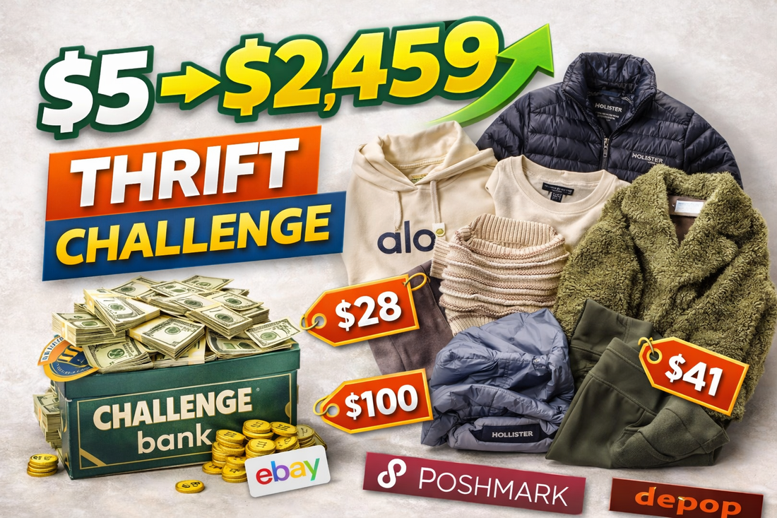 $5 thrift challenge thumbnail showing $5 turning into $2,459 profit with reseller haul and platform icons.