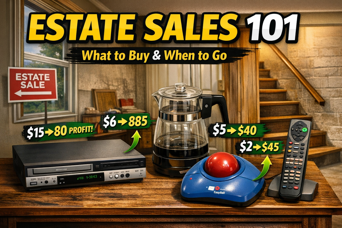 Estate sale guide thumbnail with house interior, vintage items, and “Estate Sales 101” text.