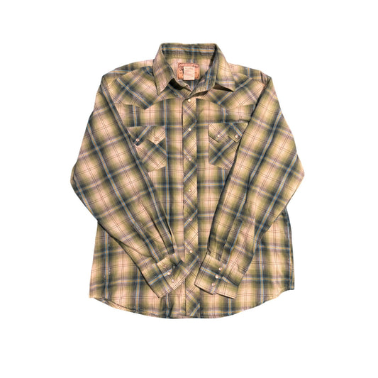 Plaid button-down shirt on a white background representing vintage and thrift clothing from Popular Thrift Store in Houston, TX, promoting sustainable and affordable fashion.