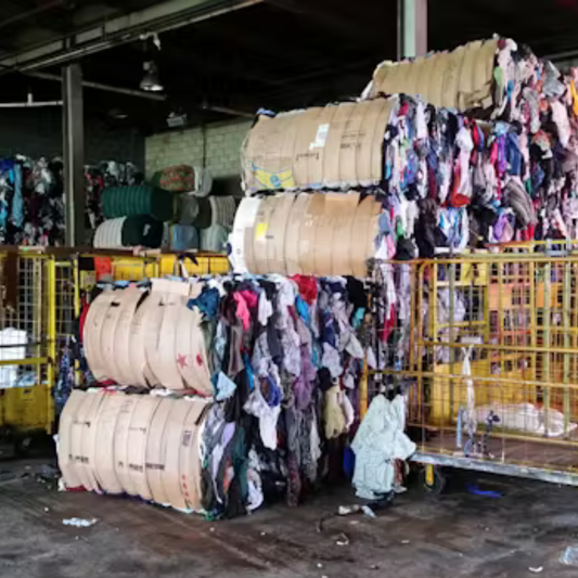 Bales of secondhand clothing stacked inside a Texas rag house — showcasing where Popular Thrift Store sources and recycles vintage fashion for sustainable resale.