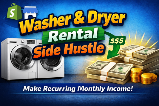 Washer and dryer rental side hustle graphic showing recurring monthly income and Facebook Marketplace business concept.