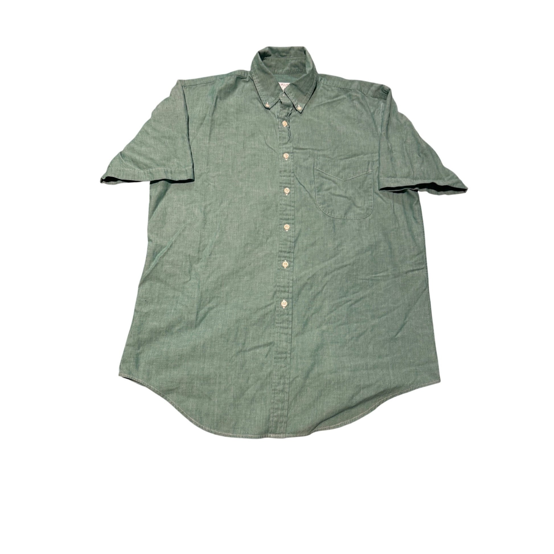 A short-sleeve button-down shirt in sage green, laid flat against a white background.