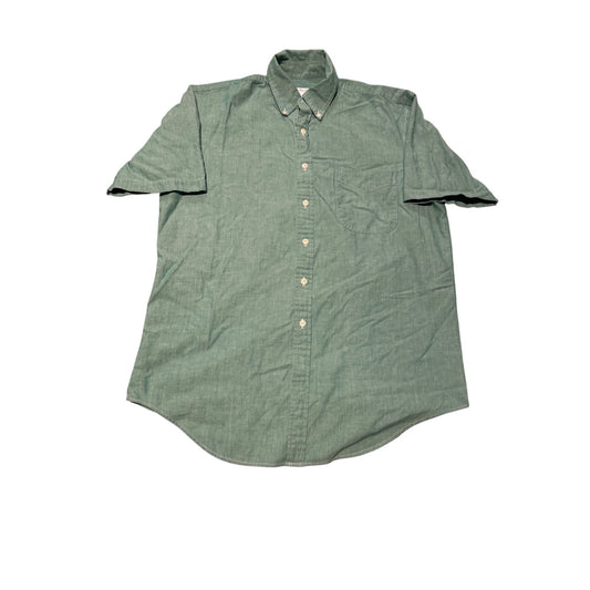 A short-sleeve button-down shirt in sage green, laid flat against a white background.