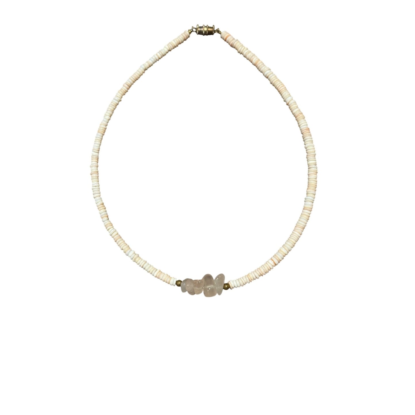A delicate beaded necklace featuring small, tightly wound cream and beige beads, accented by a central cluster of pale, semi-translucent flower-shaped beads and a small gold-toned clasp at the top, shown against a plain white background.