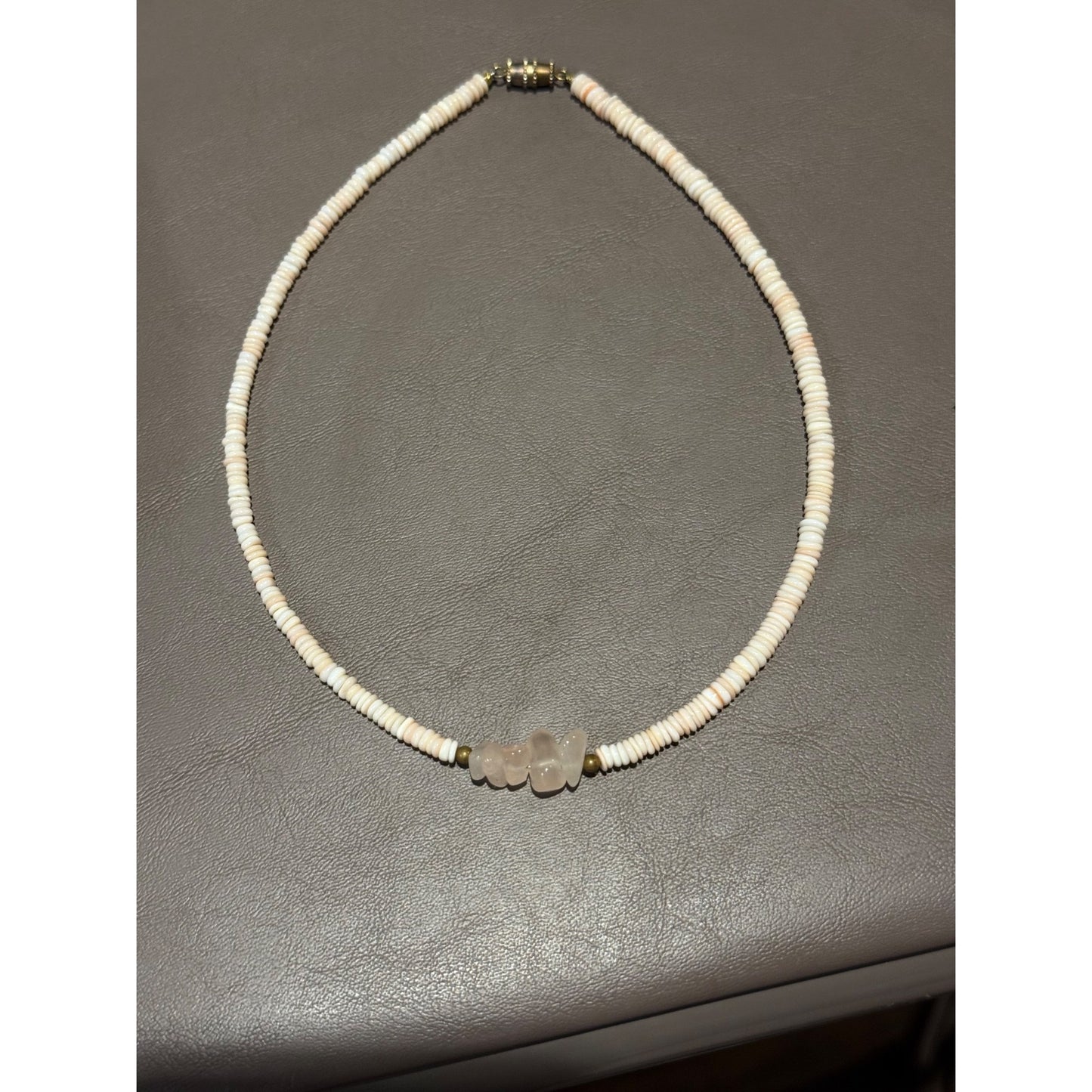 Vintage Puka Shell Necklace White Stone Center Bead Choker Surfer Beach
