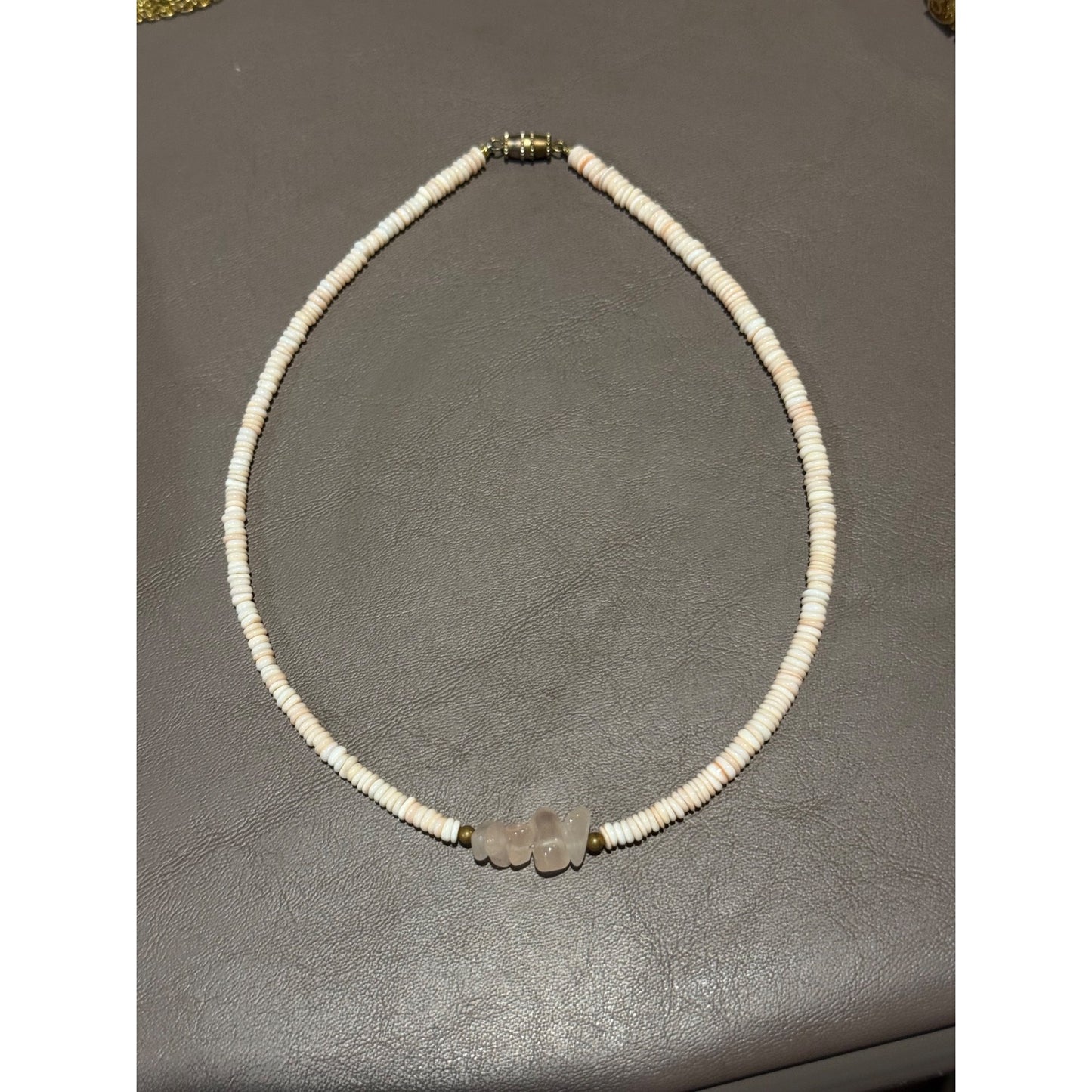Vintage Puka Shell Necklace White Stone Center Bead Choker Surfer Beach