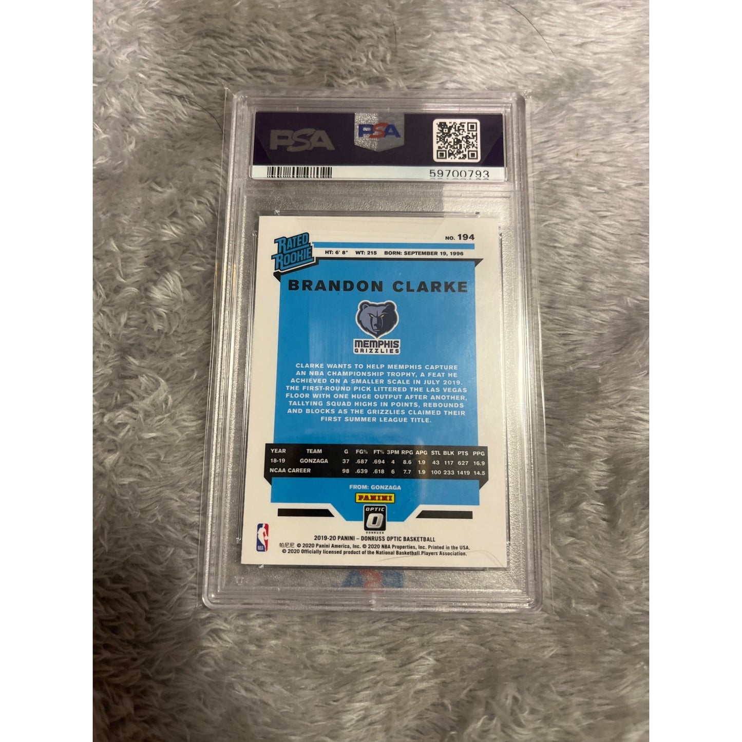Brandon Clarke 2019 Panini Donruss Optic Rated Rookie RC  Psa 9 Mint