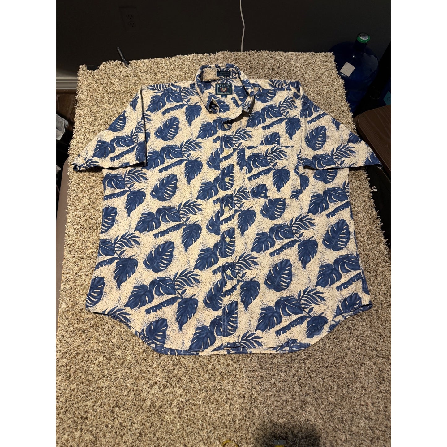 Chaps Ralph Lauren Blue Tropical Leaf Button Down Shirt Men's XL Short Sleeve