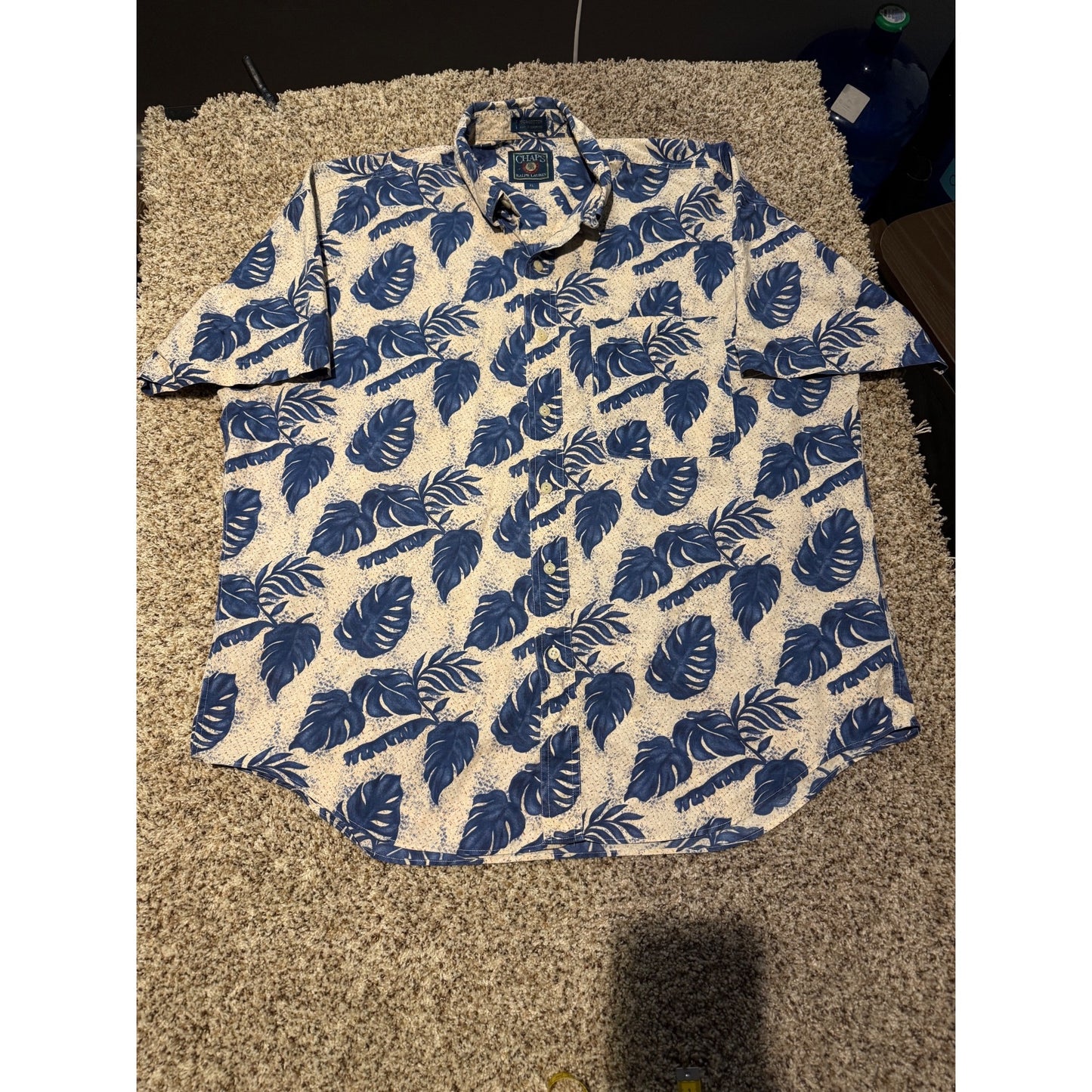 Chaps Ralph Lauren Blue Tropical Leaf Button Down Shirt Men's XL Short Sleeve