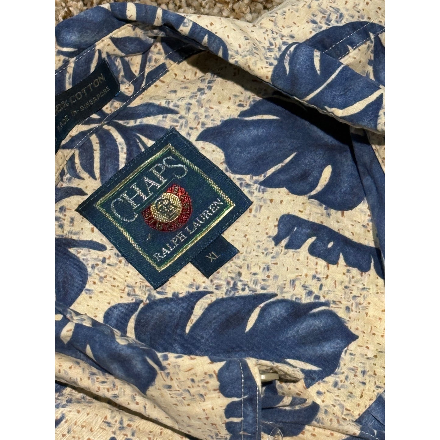 Chaps Ralph Lauren Blue Tropical Leaf Button Down Shirt Men's XL Short Sleeve