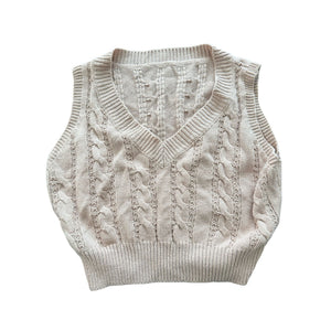 Women's Cable Knit Sweater Vest Size S Cream Beige V Neck Preppy Academia