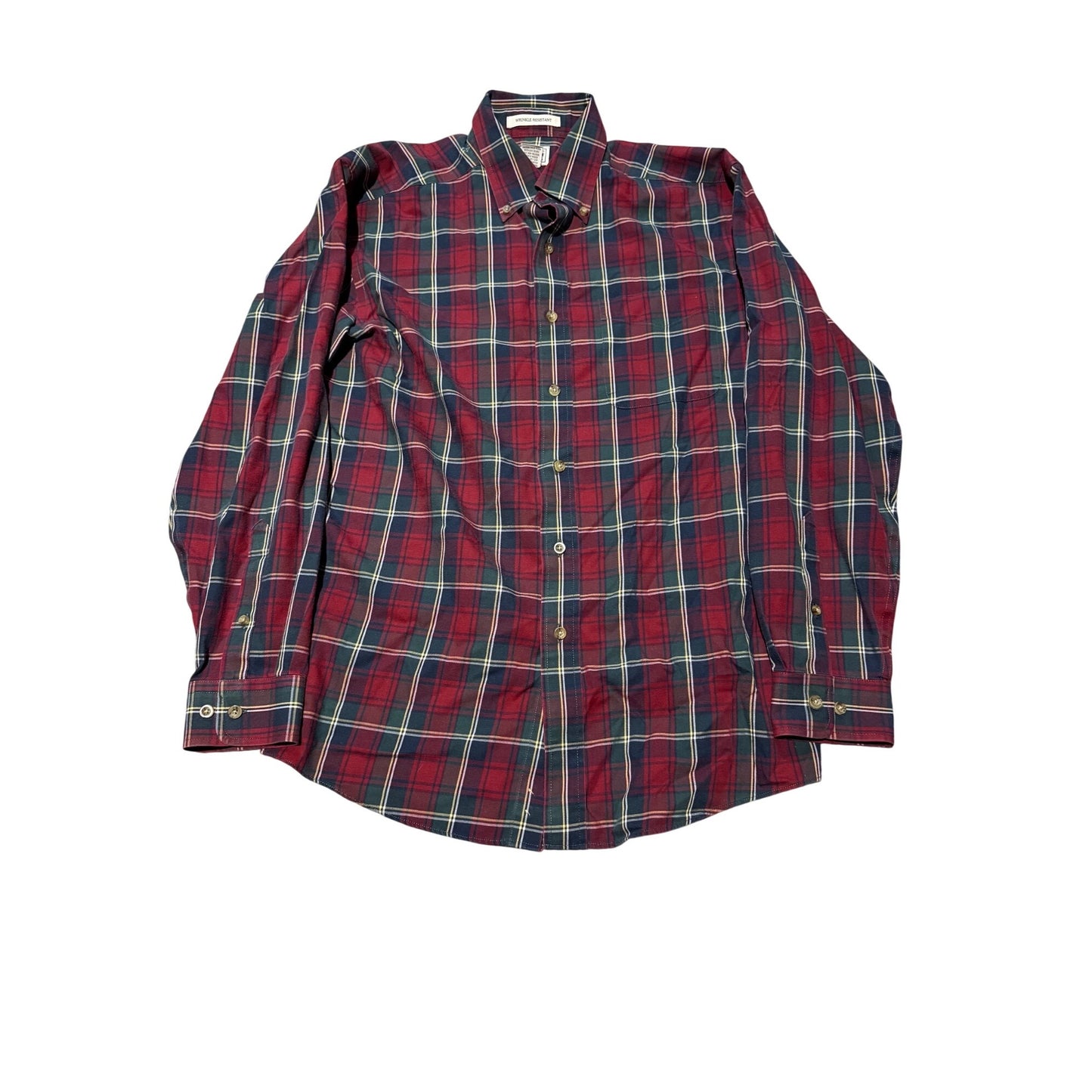 A long-sleeve plaid button-down shirt in red, navy, and white, laid flat against a white background.