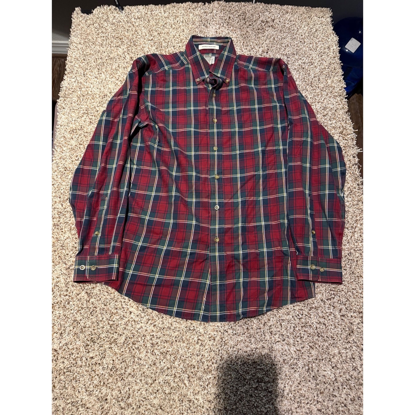 L.L.Bean Red Blue Plaid Flannel Shirt Men's M Cotton Cashmere Wrinkle Resistant