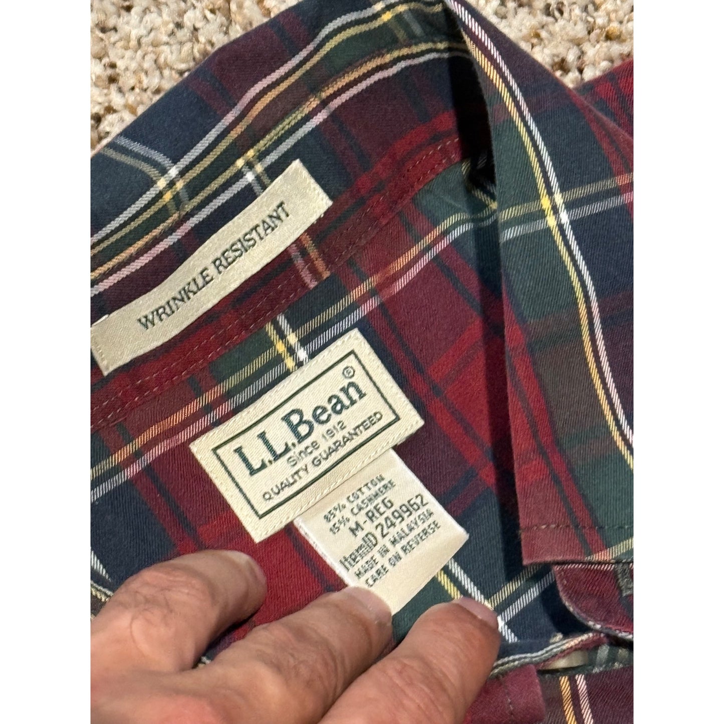 L.L.Bean Red Blue Plaid Flannel Shirt Men's M Cotton Cashmere Wrinkle Resistant