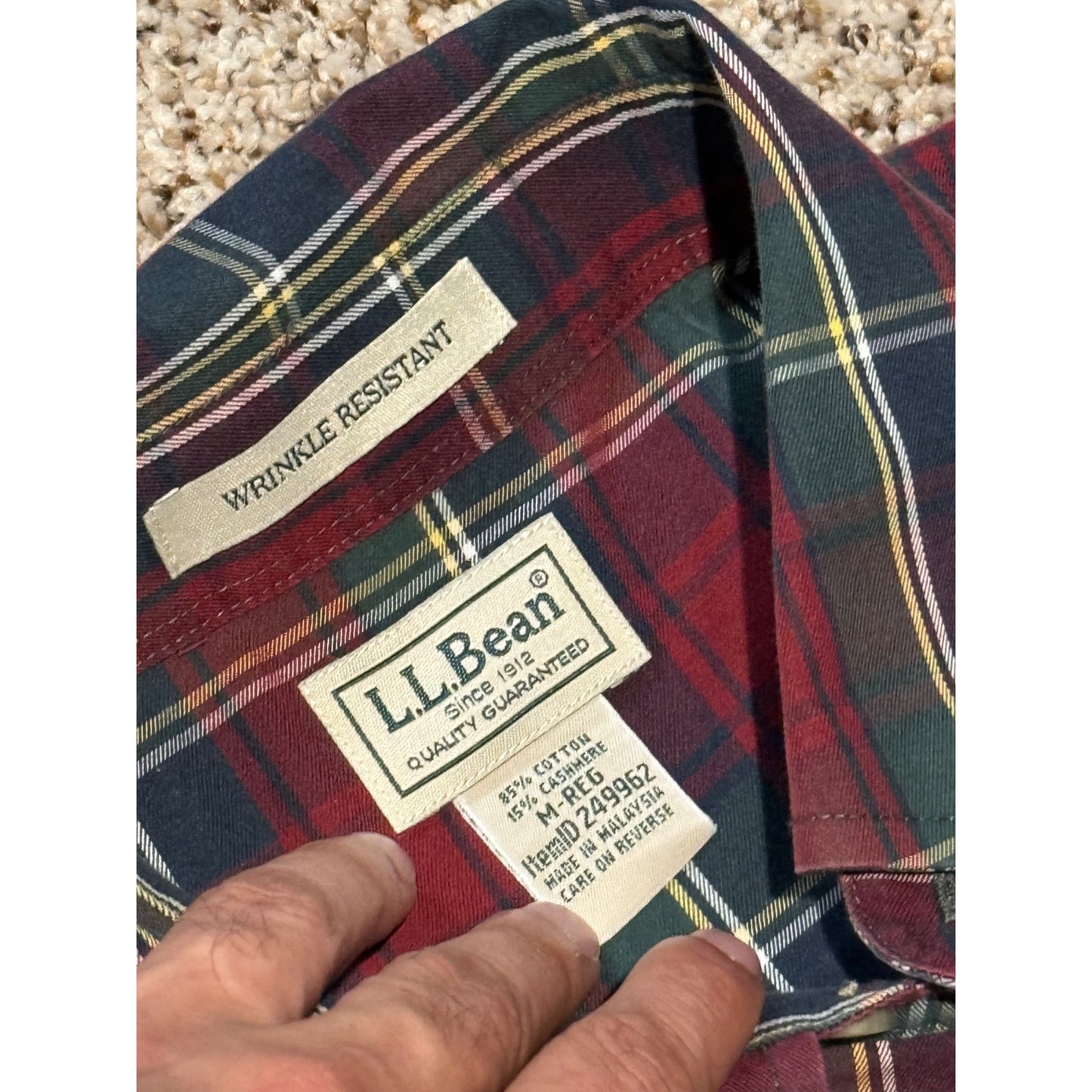 L.L.Bean Red Blue Plaid Flannel Shirt Men's M Cotton Cashmere Wrinkle Resistant