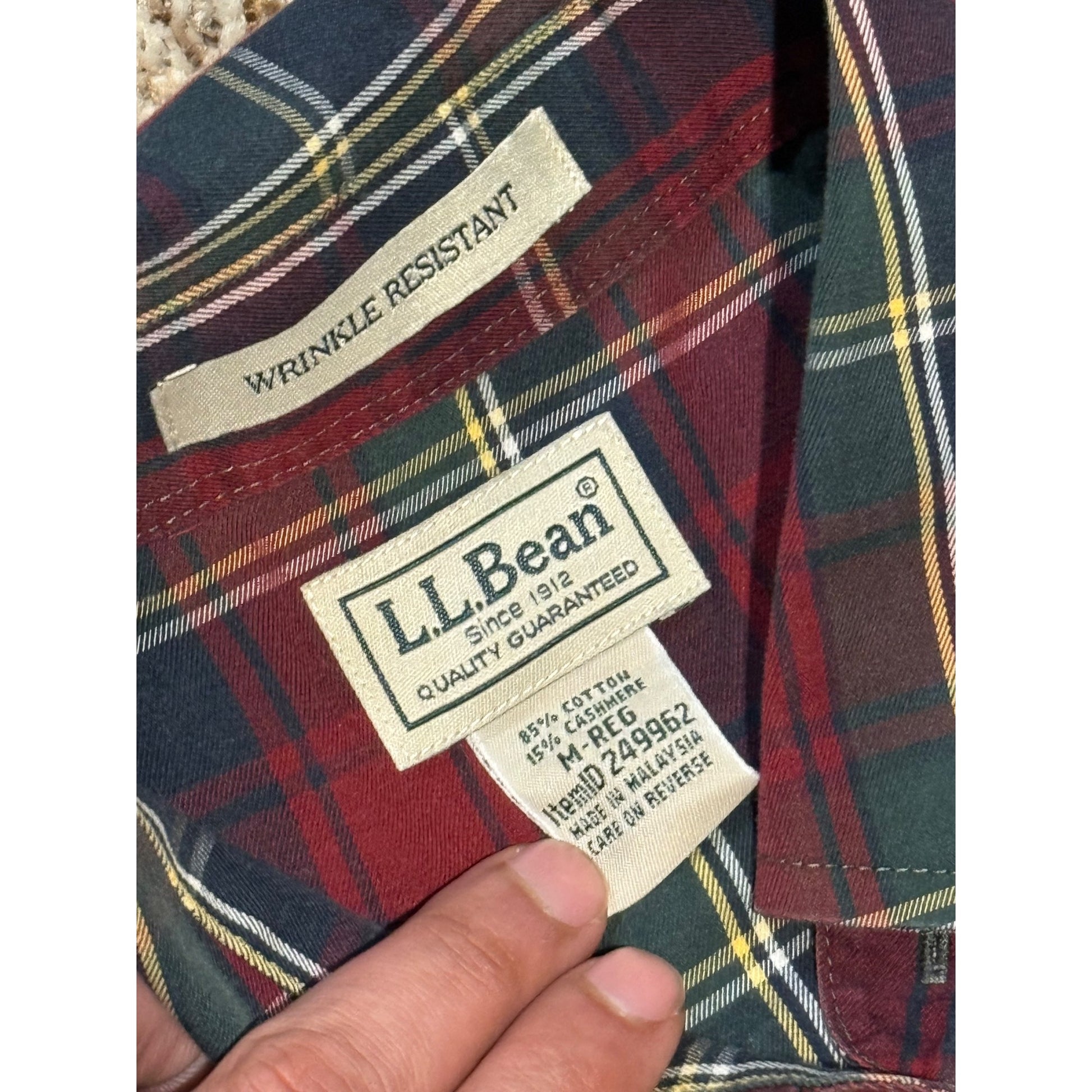 Close-up of an L.L. Bean checkered button up shirt.