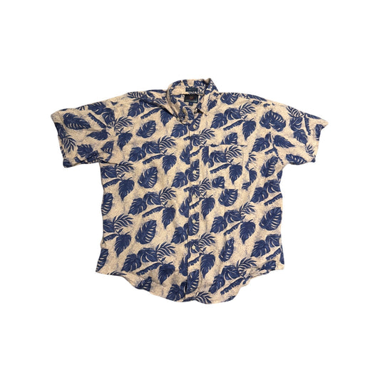 Vintage Chaps Ralph Lauren Blue Leaf Print Short Sleeve Button Down Size XL
