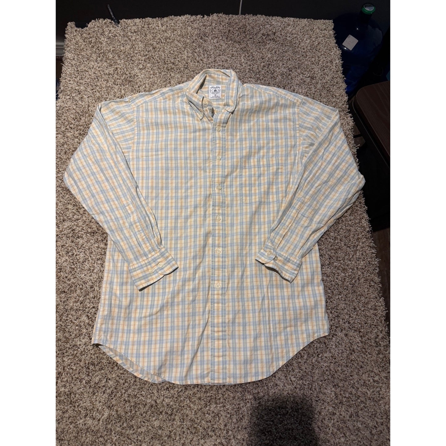 Brooks Brothers Yellow Blue Plaid Sport Shirt Men's M 100% Cotton Long Sleeve