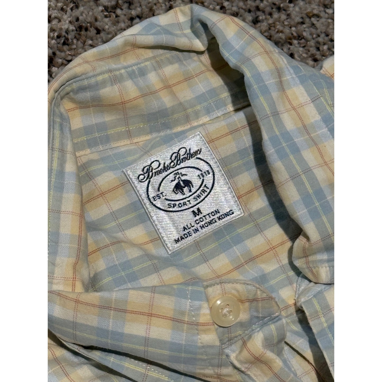 Brooks Brothers Yellow Blue Plaid Sport Shirt Men's M 100% Cotton Long Sleeve