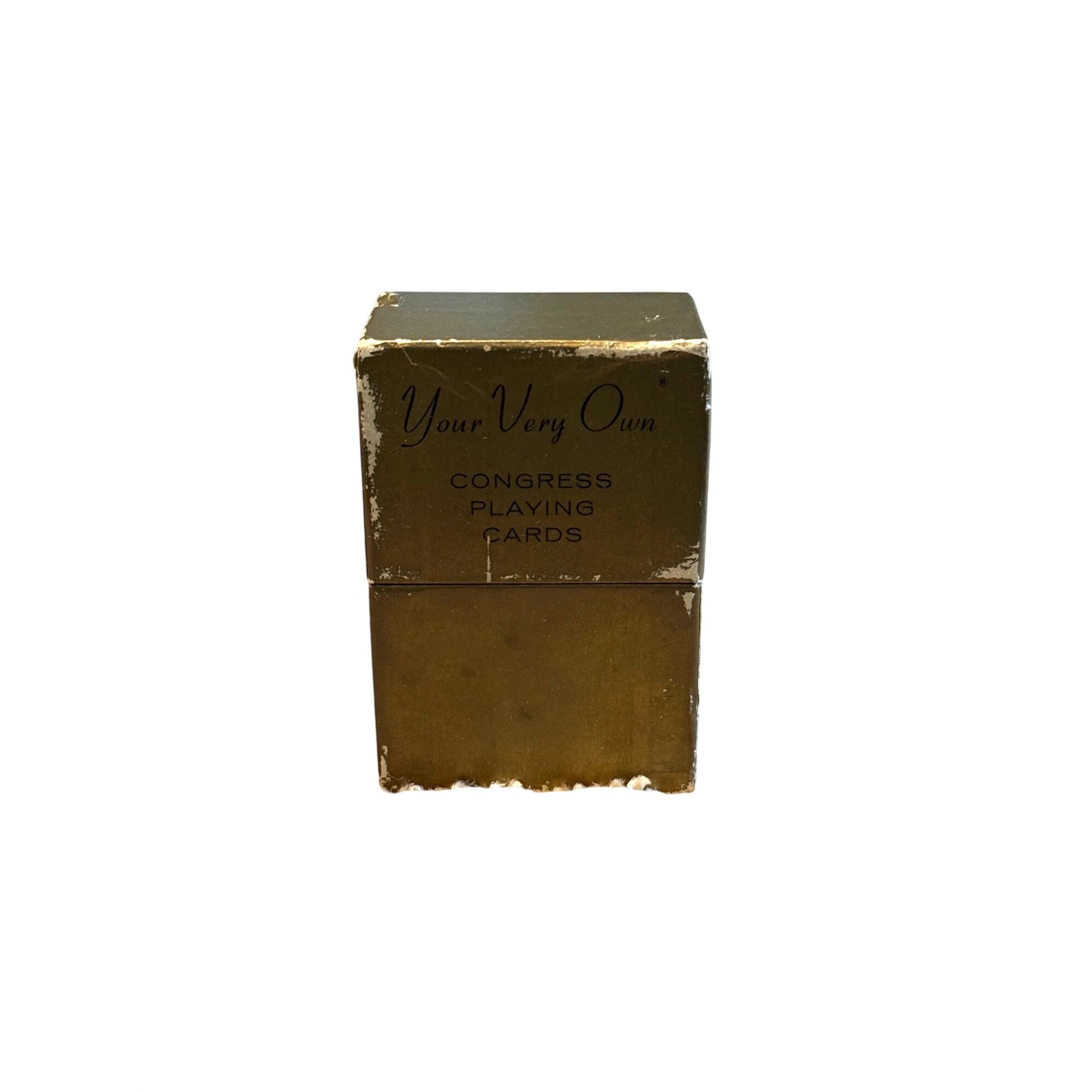 A vintage brass or bronze-colored metal box for Congress Playing Cards, featuring the text 'Your Very Own' and 'CONGRESS PLAYING CARDS' on the front, set against a plain white background.