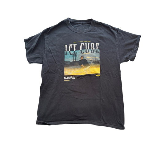 Black t-shirt with Ice Cube graphic design on a white background