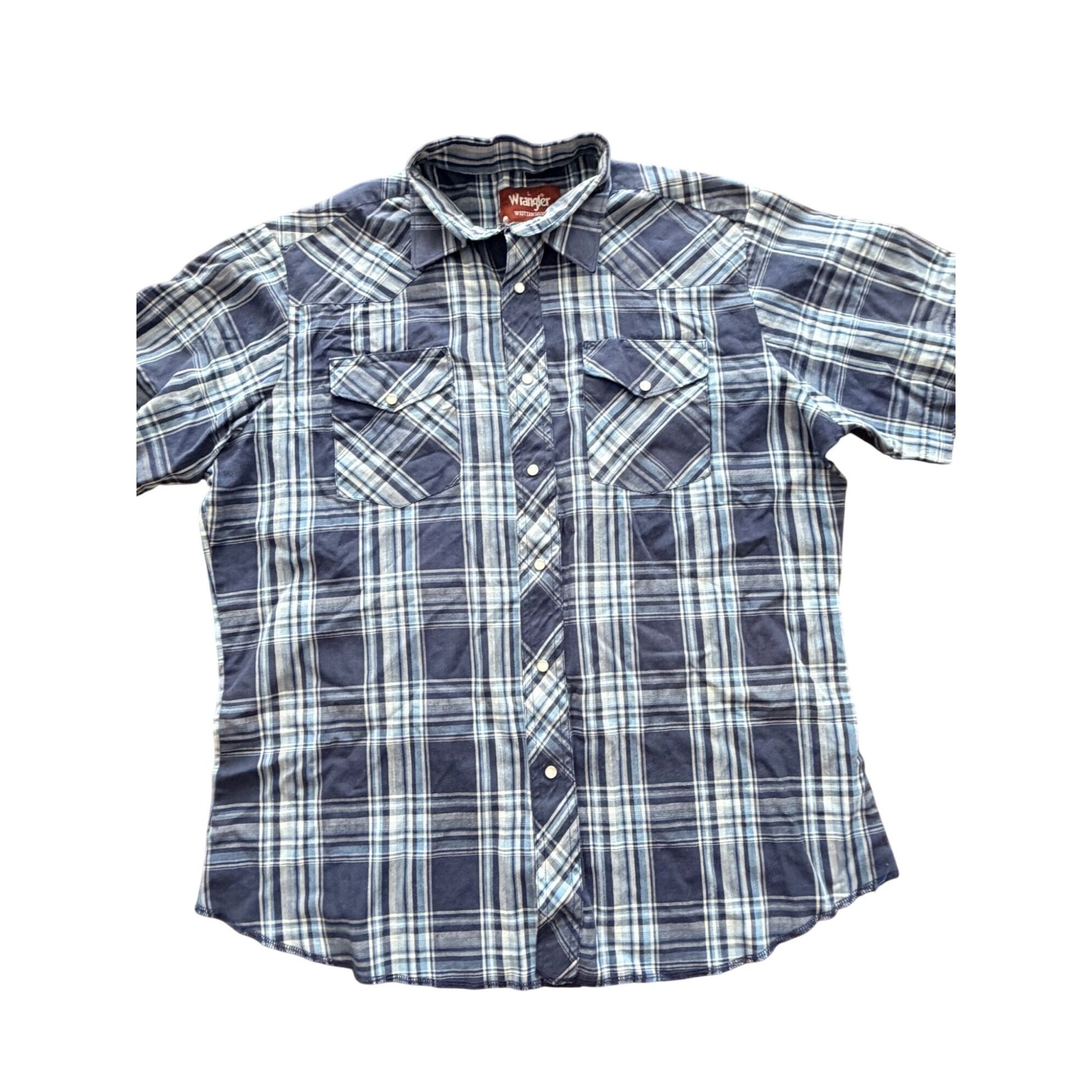 A short-sleeve plaid button-up shirt in navy blue, white, and gray, featuring two chest pockets and a pointed collar, laid flat against a white background.