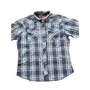 Wrangler Western Snap Shirt Men's L Navy Blue Plaid Short Sleeve Pearl Snap