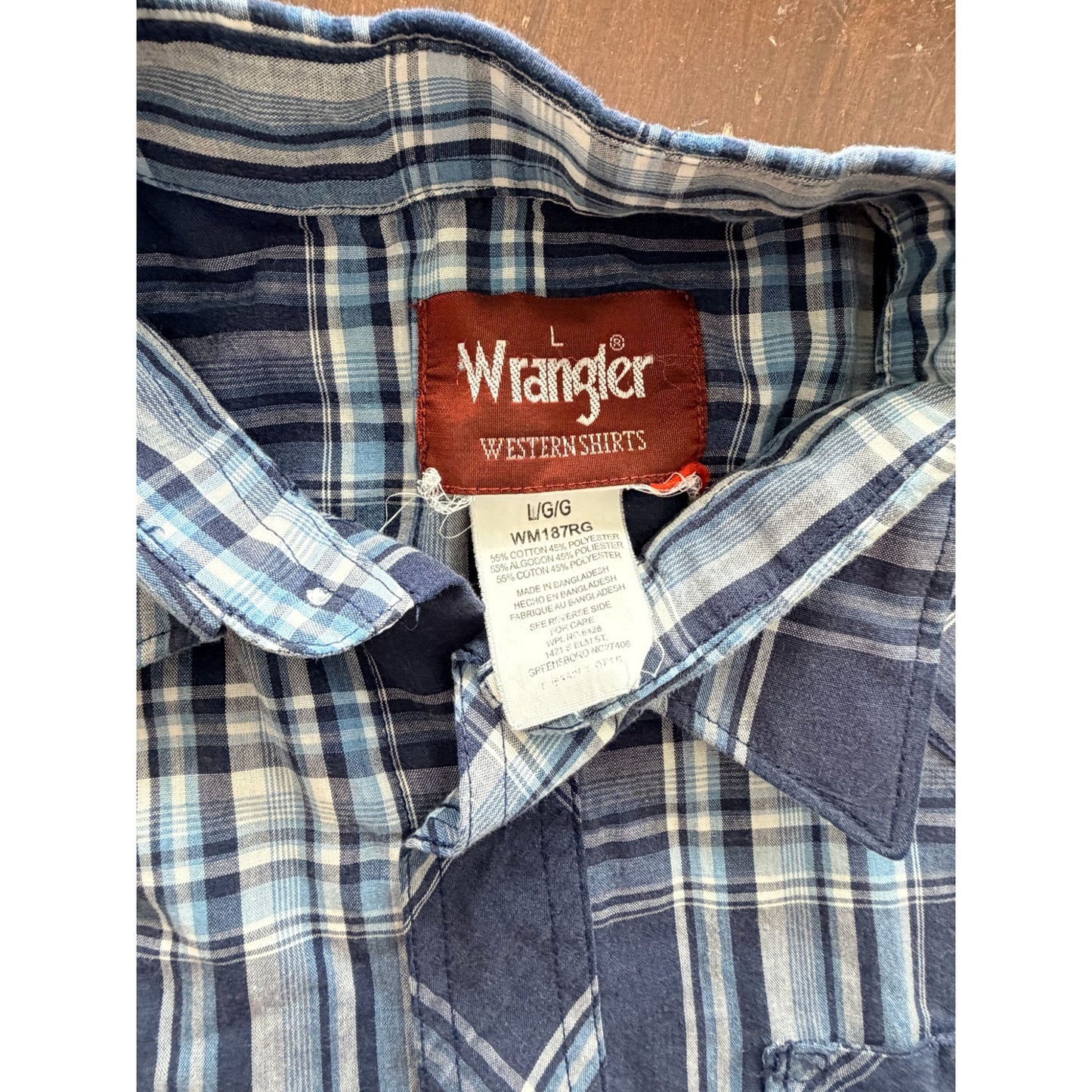 Wrangler Western Snap Shirt Men's L Navy Blue Plaid Short Sleeve Pearl Snap