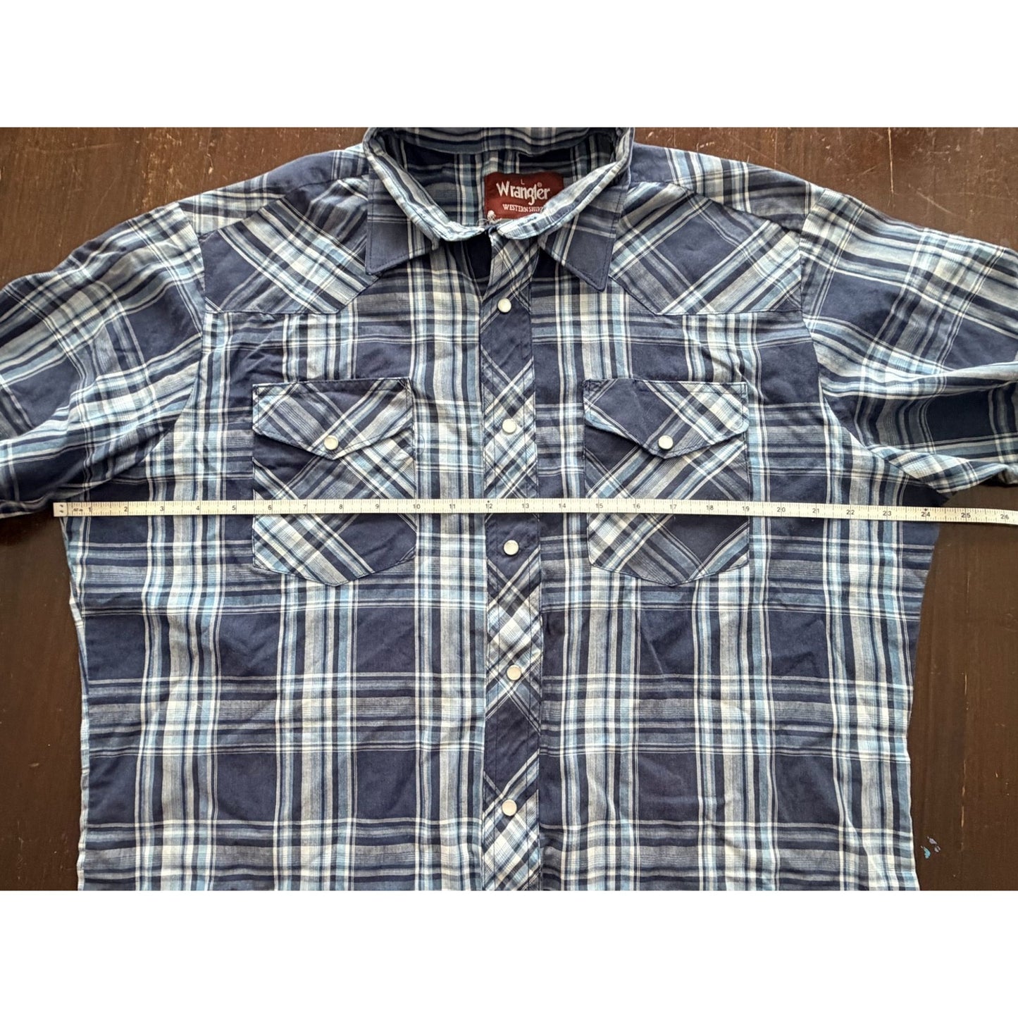 Wrangler Western Snap Shirt Men's L Navy Blue Plaid Short Sleeve Pearl Snap