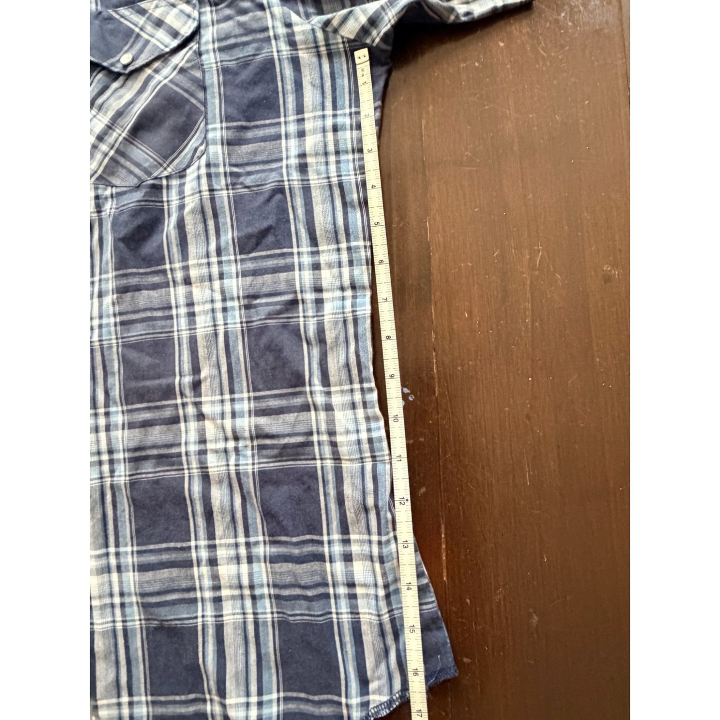 Wrangler Western Snap Shirt Men's L Navy Blue Plaid Short Sleeve Pearl Snap