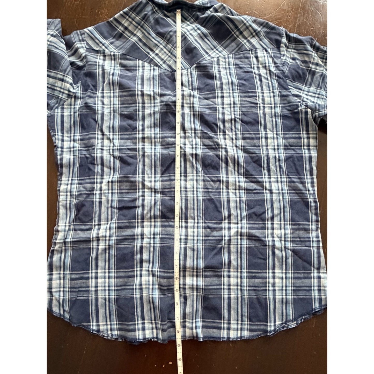 Wrangler Western Snap Shirt Men's L Navy Blue Plaid Short Sleeve Pearl Snap